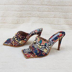 Popo Slip On Sqaure Open Toe High Heels Clogs Mules Slides multi Color Print